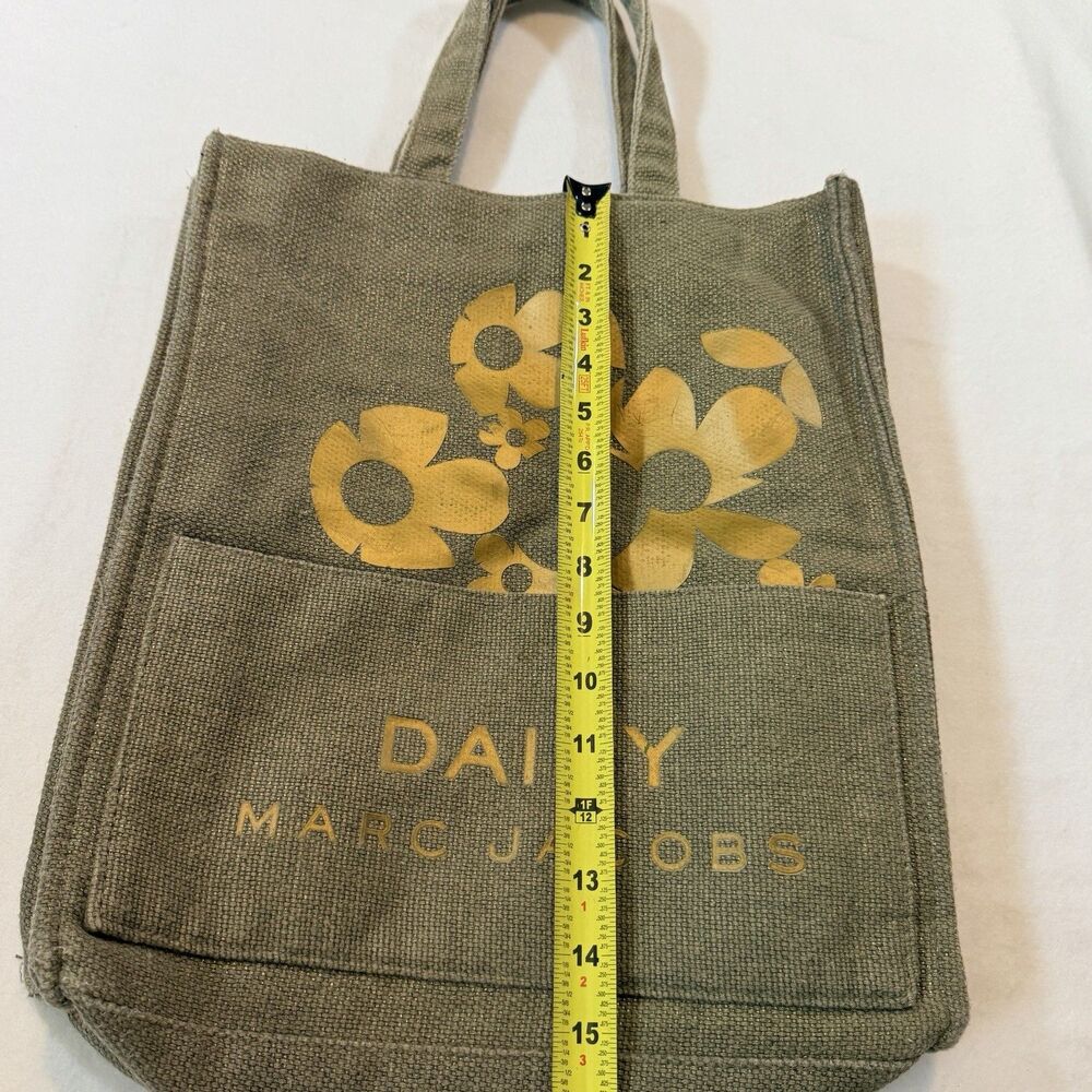 Marc Jacobs DAISY Woven Olive Green Burlap Canvas Floral Tote Travel Shopper Bag - Picture 5 of 7